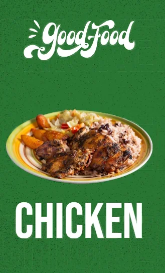 Jamaican jerk chicken with rice and peas, coleslaw and fried plantain