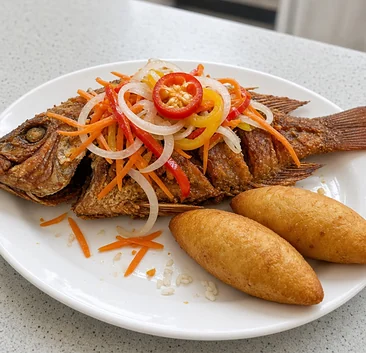 Escovitch fish with pickled peppers and onions and festival