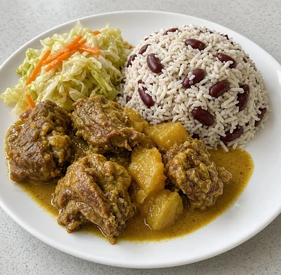 Curried goat and potato with rice and peas