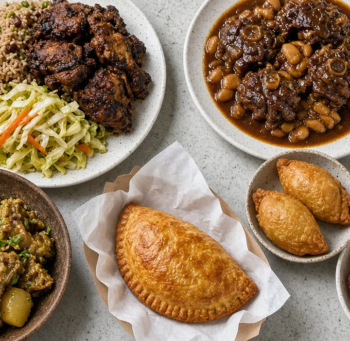 Jerk chicken, oxtail, curried goat, a beef patty, festival and fried plantain