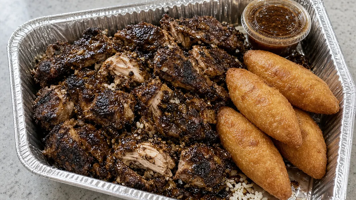 A tray of chopped jerk chicken with festival dumplings and a cup of jerk sauce