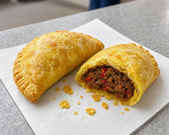 Two golden Jamaican beef patties, one broken open to show the spiced beef filling
